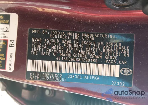 2008 Toyota Avalon Limited z USA, uszkodzony, nr VIN 4T1BK36B68U290189